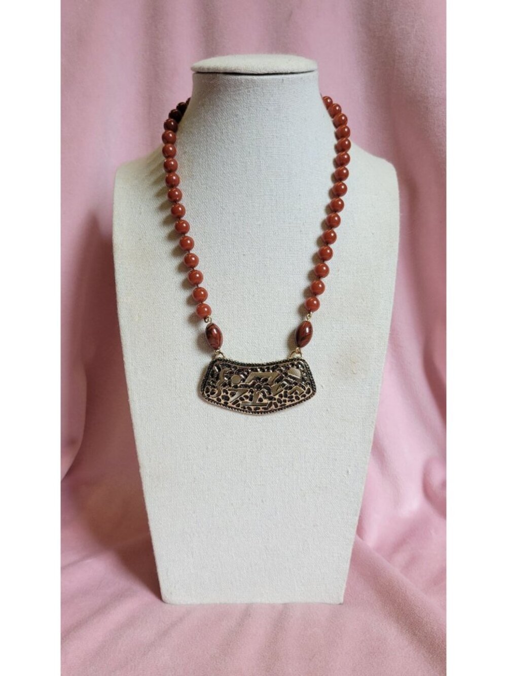 Vintage Sarah Coventry Signed Brown Tribal Gold Tone Necklace N1B